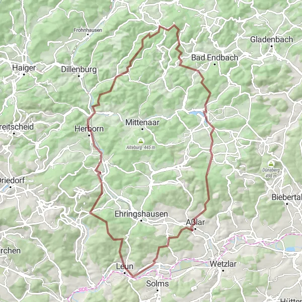 Map miniature of "Leun - Schäferberg Loop" cycling inspiration in Gießen, Germany. Generated by Tarmacs.app cycling route planner