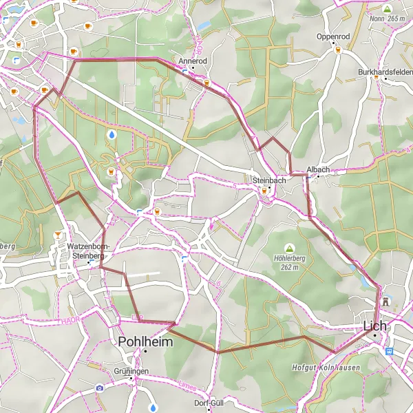 Map miniature of "Lich - Höhlerberg Exploration" cycling inspiration in Gießen, Germany. Generated by Tarmacs.app cycling route planner