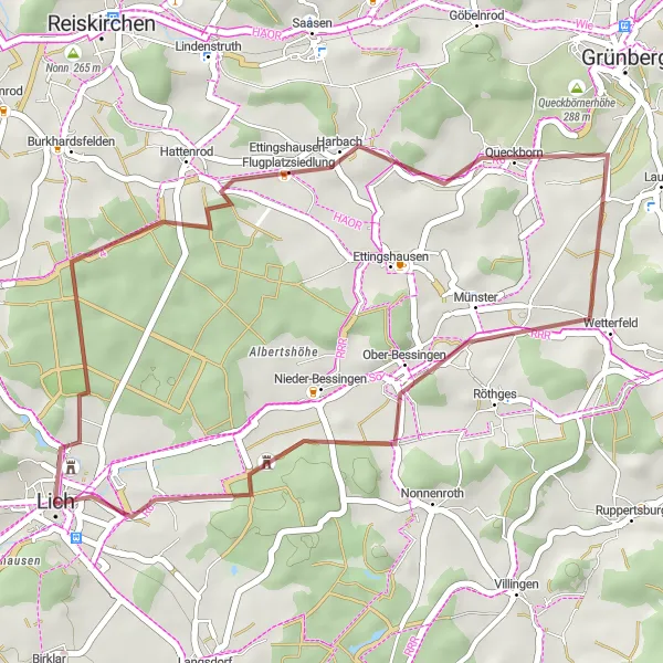 Map miniature of "Lich Castle and Münster Circuit" cycling inspiration in Gießen, Germany. Generated by Tarmacs.app cycling route planner