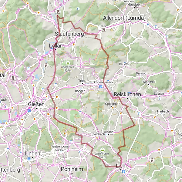 Karten-Miniaturansicht der Radinspiration "Gravel Abenteuer rund um Lich" in Gießen, Germany. Erstellt vom Tarmacs.app-Routenplaner für Radtouren