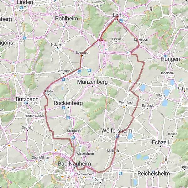 Map miniature of "Gravel Adventure to Bad Nauheim" cycling inspiration in Gießen, Germany. Generated by Tarmacs.app cycling route planner