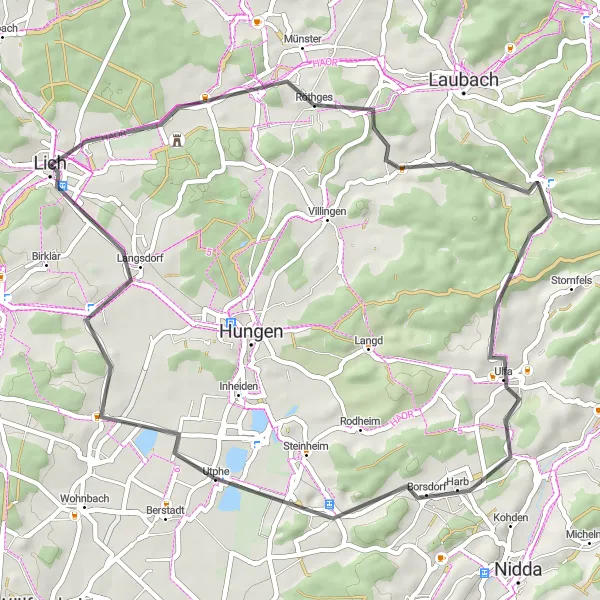 Map miniature of "The Hills of Langendorf" cycling inspiration in Gießen, Germany. Generated by Tarmacs.app cycling route planner