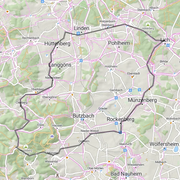 Karten-Miniaturansicht der Radinspiration "Radtour um Münzenberg und Cleeberg" in Gießen, Germany. Erstellt vom Tarmacs.app-Routenplaner für Radtouren