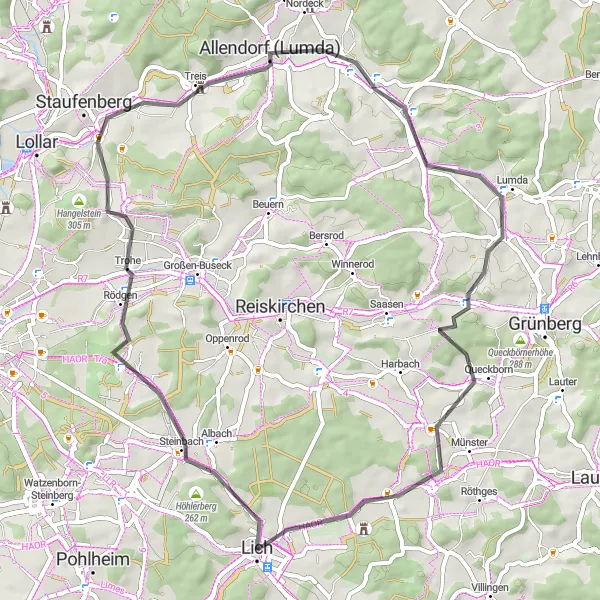 Karten-Miniaturansicht der Radinspiration "Lich-Göbelnrod-Rundtour" in Gießen, Germany. Erstellt vom Tarmacs.app-Routenplaner für Radtouren