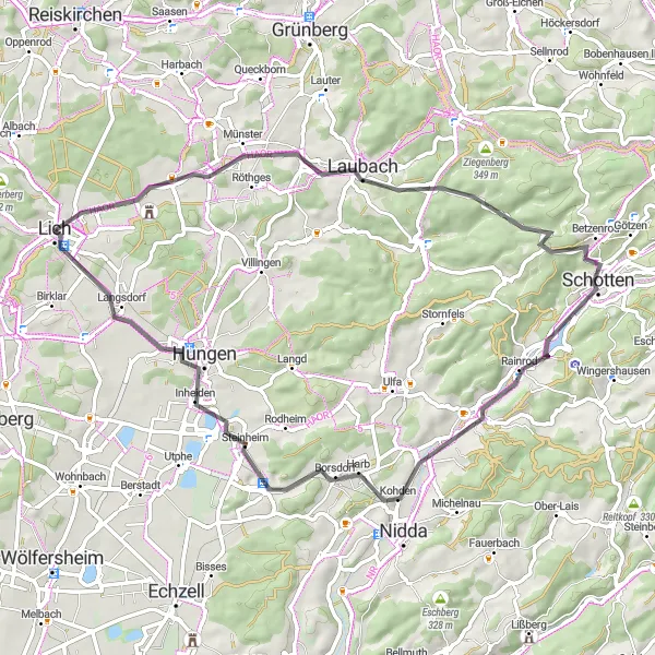 Map miniature of "The Valleys of Hungen" cycling inspiration in Gießen, Germany. Generated by Tarmacs.app cycling route planner