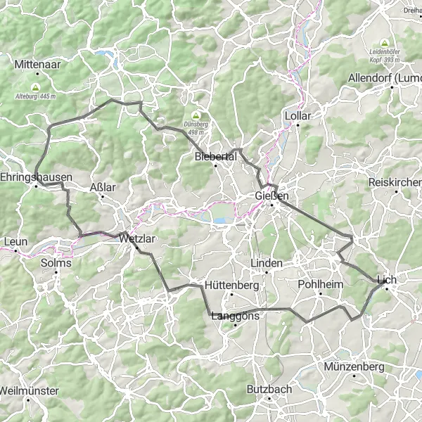 Map miniature of "Gießen and its Surroundings" cycling inspiration in Gießen, Germany. Generated by Tarmacs.app cycling route planner