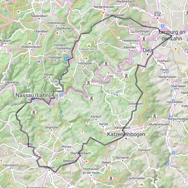 Karten-Miniaturansicht der Radinspiration "Diez und Weinähr Rundtour" in Gießen, Germany. Erstellt vom Tarmacs.app-Routenplaner für Radtouren