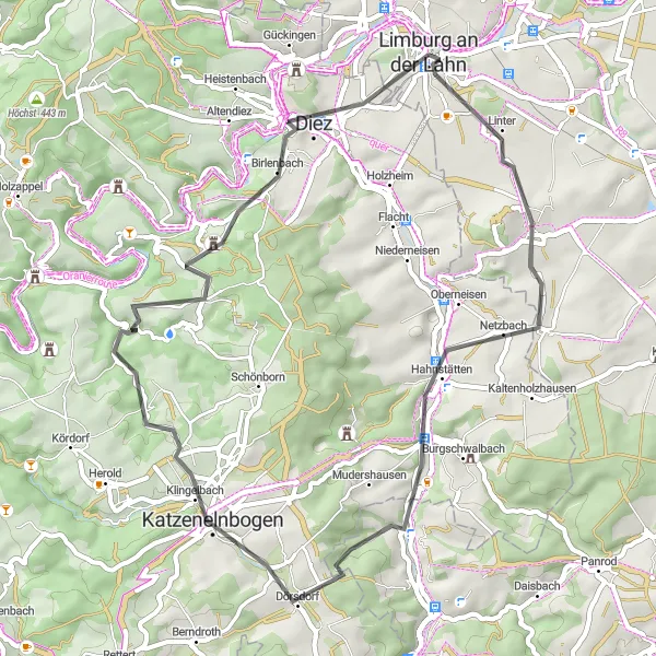 Karten-Miniaturansicht der Radinspiration "Rund um Limburg an der Lahn" in Gießen, Germany. Erstellt vom Tarmacs.app-Routenplaner für Radtouren