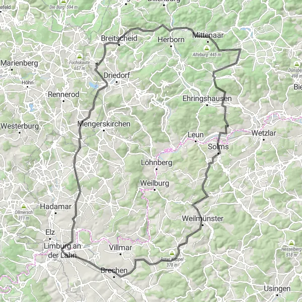 Karten-Miniaturansicht der Radinspiration "Dietkirchen und Schloss Limburg Tour" in Gießen, Germany. Erstellt vom Tarmacs.app-Routenplaner für Radtouren