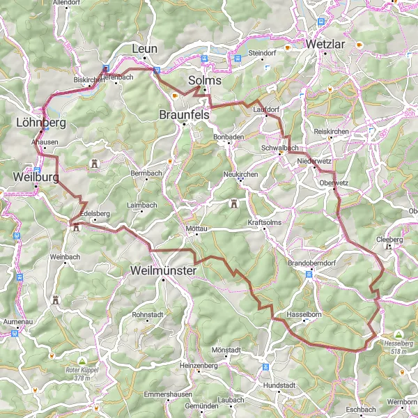 Map miniature of "Löhnberg - Leun - Laufdorf - Bodenrod - Donnerskopf - Heidenkopf - Burgruine Freienfels - Tempelchen am Schellhofskopf - Ahausen Loop" cycling inspiration in Gießen, Germany. Generated by Tarmacs.app cycling route planner