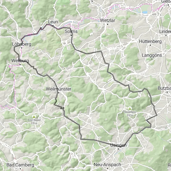 Map miniature of "The Leun Loop" cycling inspiration in Gießen, Germany. Generated by Tarmacs.app cycling route planner