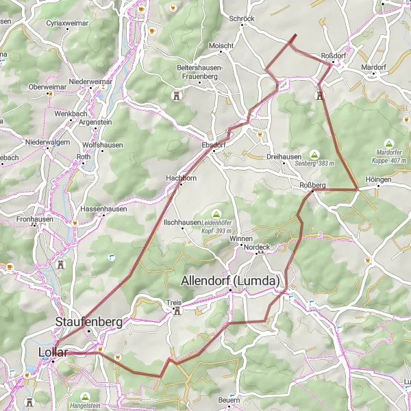 Map miniature of "Exploring Lollar's Gravel Trails" cycling inspiration in Gießen, Germany. Generated by Tarmacs.app cycling route planner