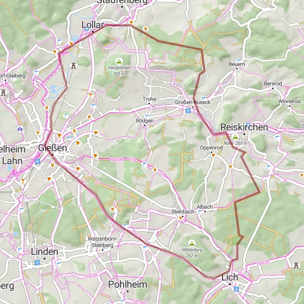 Map miniature of "Explore Lollar and Gießen" cycling inspiration in Gießen, Germany. Generated by Tarmacs.app cycling route planner