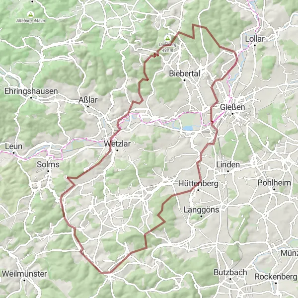 Map miniature of "The Hinterland Gravel Challenge" cycling inspiration in Gießen, Germany. Generated by Tarmacs.app cycling route planner
