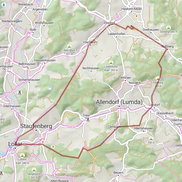 Map miniature of "Scenic Views of Staufenburg and Eiselberg" cycling inspiration in Gießen, Germany. Generated by Tarmacs.app cycling route planner