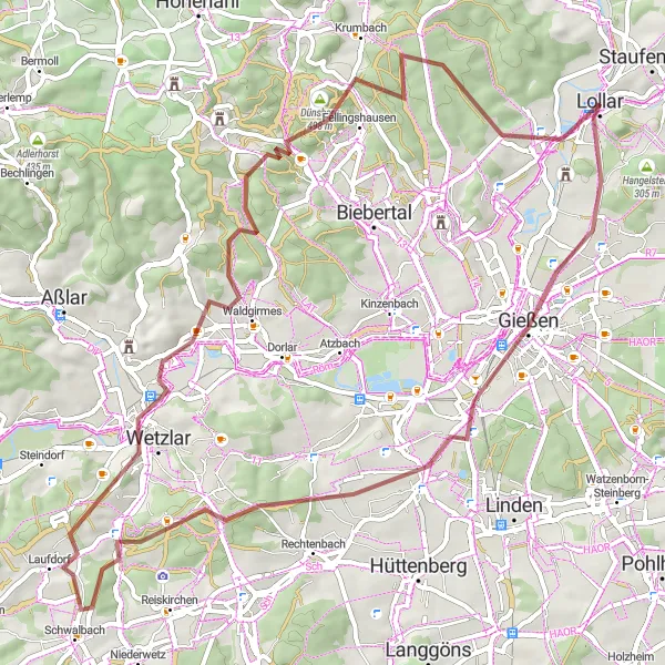 Map miniature of "Gravel Adventure through Lollar and Gießen" cycling inspiration in Gießen, Germany. Generated by Tarmacs.app cycling route planner