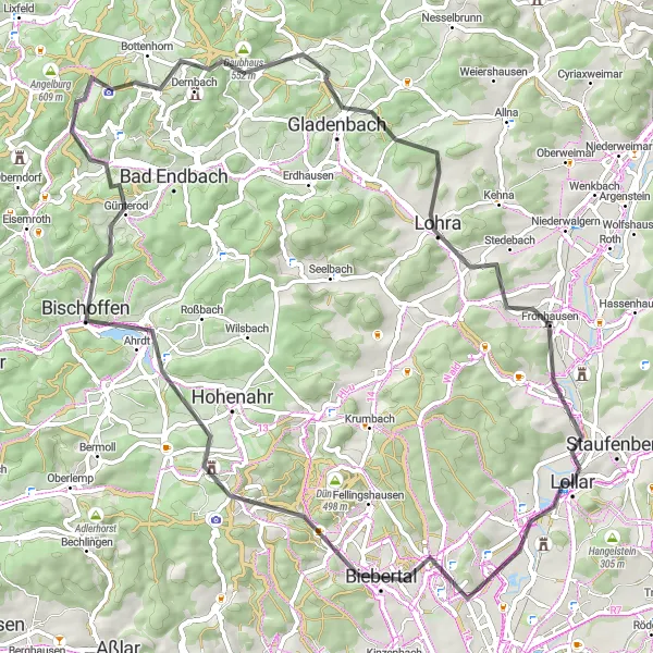 Map miniature of "Gleiberg and Lützelberg Adventure" cycling inspiration in Gießen, Germany. Generated by Tarmacs.app cycling route planner