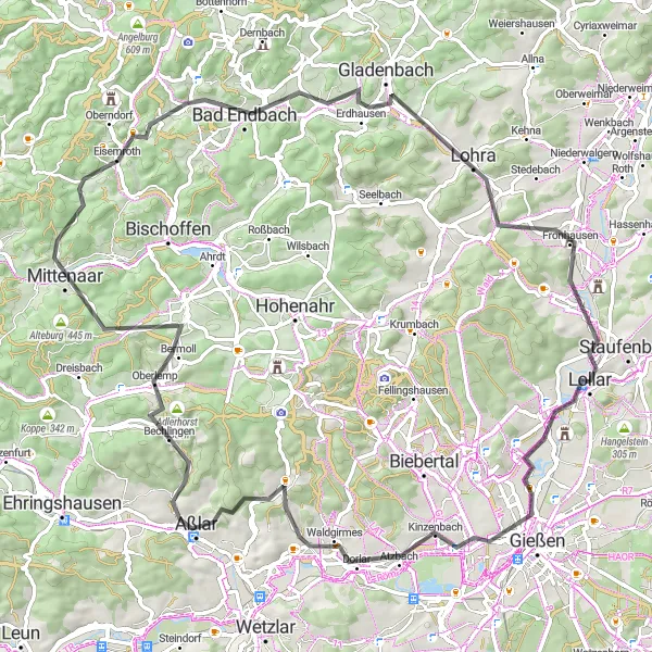 Map miniature of "Lollar Loop" cycling inspiration in Gießen, Germany. Generated by Tarmacs.app cycling route planner