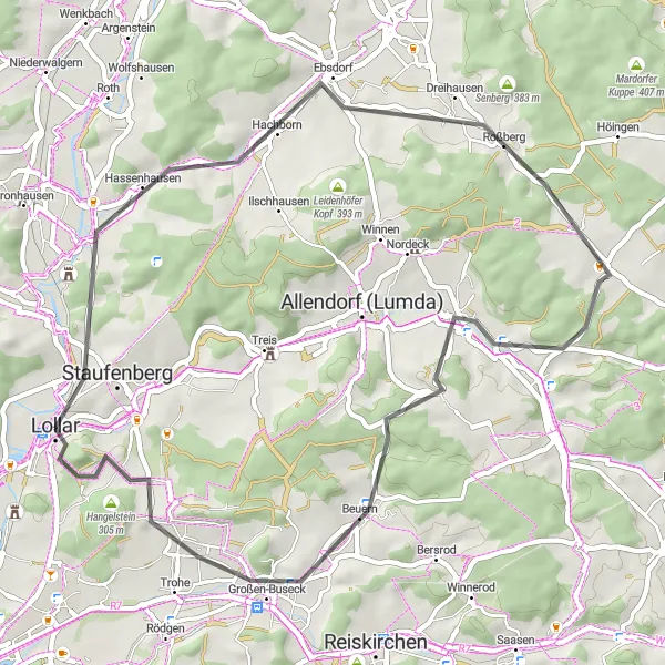 Map miniature of "Scenic Road Loop in Gießen Hinterland" cycling inspiration in Gießen, Germany. Generated by Tarmacs.app cycling route planner
