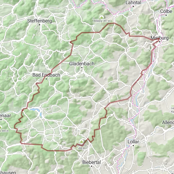 Karten-Miniaturansicht der Radinspiration "Marburg - Elnhausen Gravel Tour" in Gießen, Germany. Erstellt vom Tarmacs.app-Routenplaner für Radtouren
