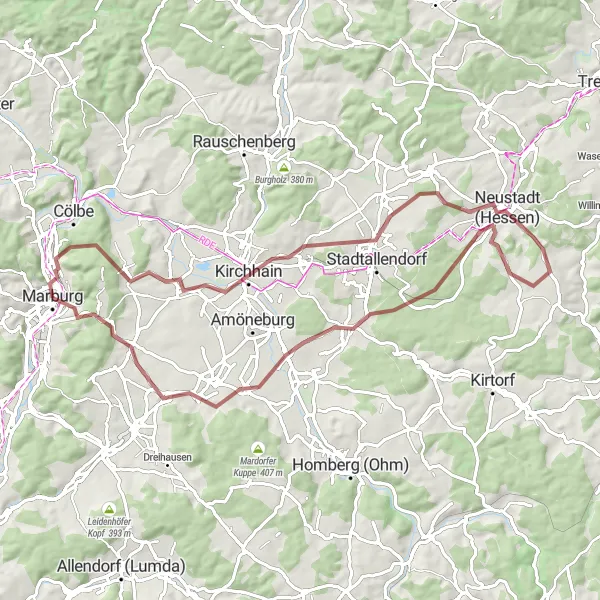 Karten-Miniaturansicht der Radinspiration "Hessische Berg- und Hügelrunde von Kornberg bis Wittelsberger Warte" in Gießen, Germany. Erstellt vom Tarmacs.app-Routenplaner für Radtouren