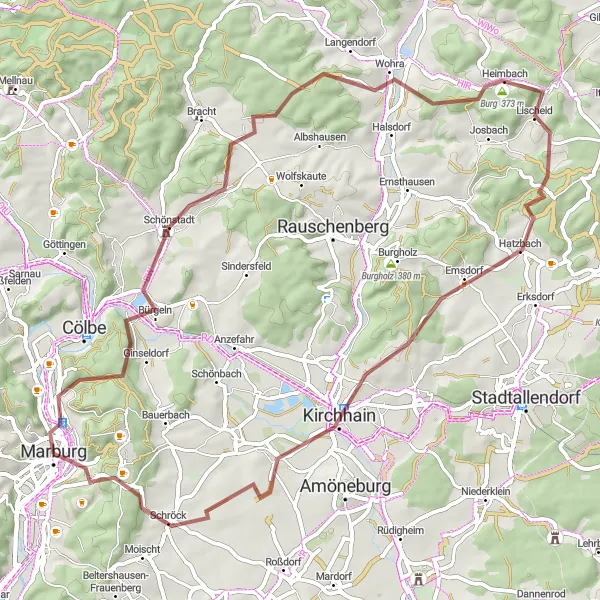 Karten-Miniaturansicht der Radinspiration "Abenteuerliche Schottertour zum Hundsturm" in Gießen, Germany. Erstellt vom Tarmacs.app-Routenplaner für Radtouren