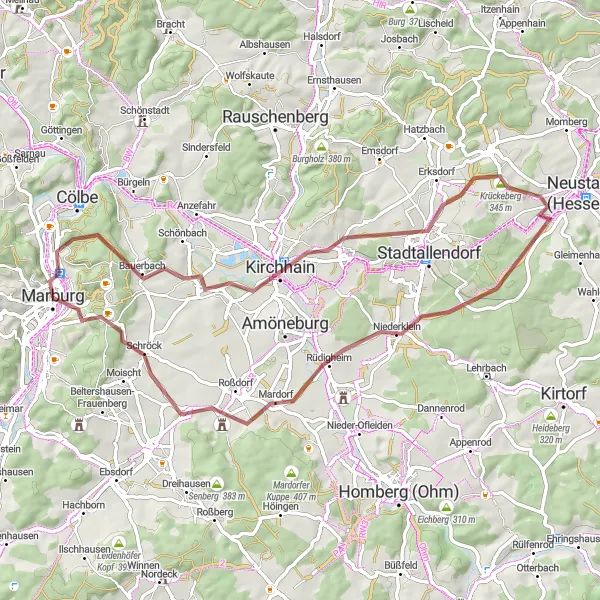 Karten-Miniaturansicht der Radinspiration "Kornberg - Hundsturm Graveltour" in Gießen, Germany. Erstellt vom Tarmacs.app-Routenplaner für Radtouren