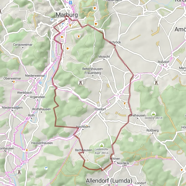 Karten-Miniaturansicht der Radinspiration "Wittelsberger Warte und Rote Mark Rundweg" in Gießen, Germany. Erstellt vom Tarmacs.app-Routenplaner für Radtouren