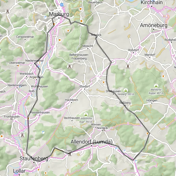 Karten-Miniaturansicht der Radinspiration "Marburg - Wittelsberg-Tour" in Gießen, Germany. Erstellt vom Tarmacs.app-Routenplaner für Radtouren