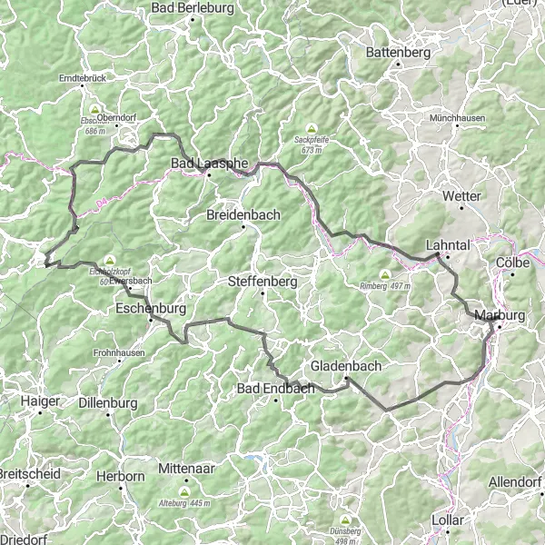 Karten-Miniaturansicht der Radinspiration "Malerische Bergtour von Marburg nach Bad Laasphe" in Gießen, Germany. Erstellt vom Tarmacs.app-Routenplaner für Radtouren