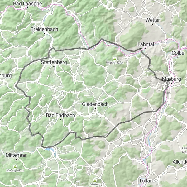 Karten-Miniaturansicht der Radinspiration "Panoramafahrt von Ruchesloh nach Landgrafenschloss" in Gießen, Germany. Erstellt vom Tarmacs.app-Routenplaner für Radtouren