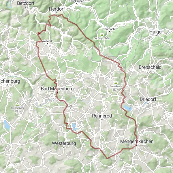 Karten-Miniaturansicht der Radinspiration "Abenteuerliche Gravelstrecke um Mengerskirchen" in Gießen, Germany. Erstellt vom Tarmacs.app-Routenplaner für Radtouren