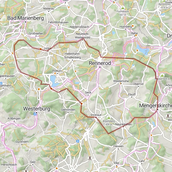 Map miniature of "Mystical Neunkirchen" cycling inspiration in Gießen, Germany. Generated by Tarmacs.app cycling route planner