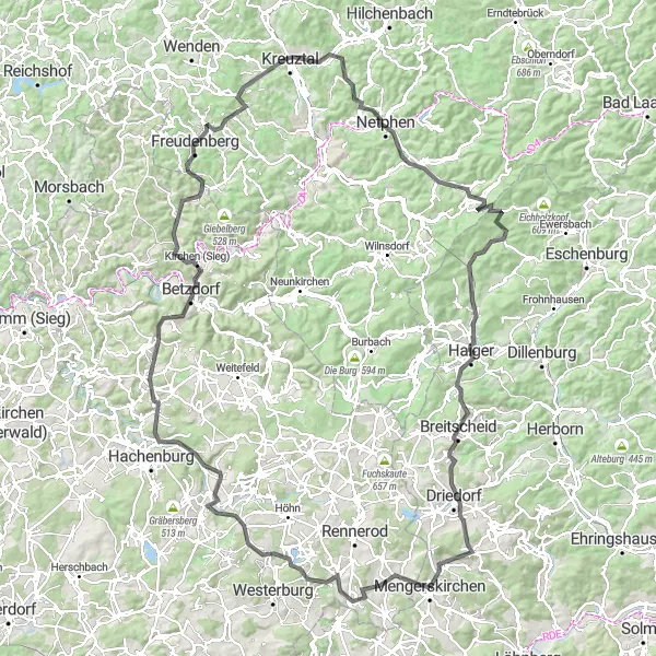 Map miniature of "Siegerland loop" cycling inspiration in Gießen, Germany. Generated by Tarmacs.app cycling route planner