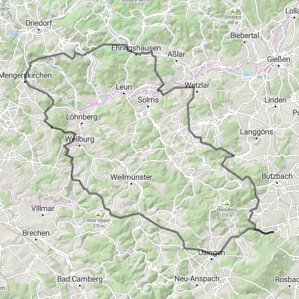 Map miniature of "The Hessen Hills challenge" cycling inspiration in Gießen, Germany. Generated by Tarmacs.app cycling route planner