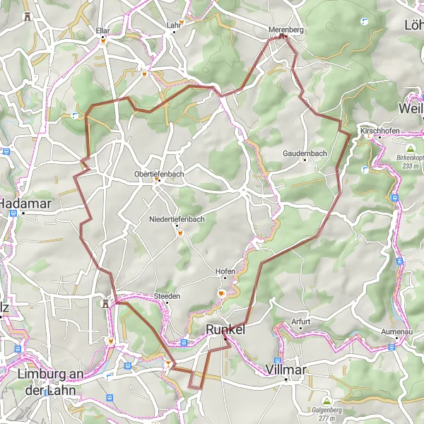 Map miniature of "Merenberg Gravel Adventure" cycling inspiration in Gießen, Germany. Generated by Tarmacs.app cycling route planner