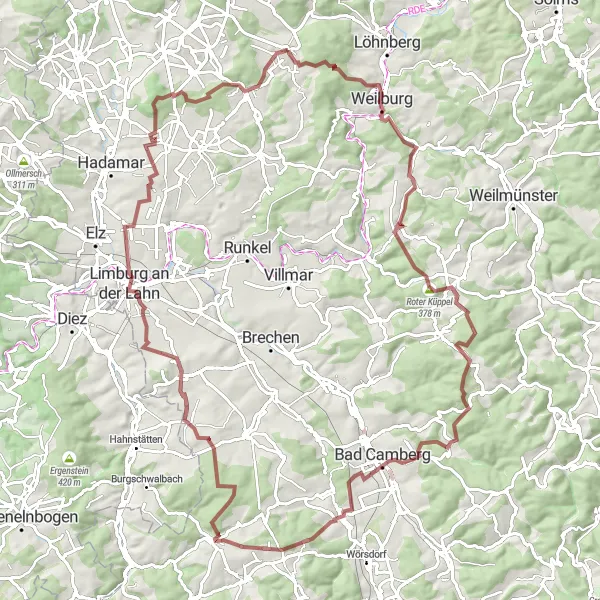 Map miniature of "Exploring the Hills and Valleys" cycling inspiration in Gießen, Germany. Generated by Tarmacs.app cycling route planner