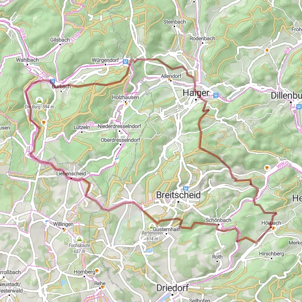 Karten-Miniaturansicht der Radinspiration "Erkundungstour durch Haiger und Umgebung" in Gießen, Germany. Erstellt vom Tarmacs.app-Routenplaner für Radtouren