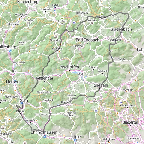Karten-Miniaturansicht der Radinspiration "Roadtrip durch Gladenbach und Ehringshausen" in Gießen, Germany. Erstellt vom Tarmacs.app-Routenplaner für Radtouren