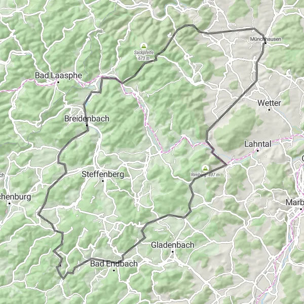 Karten-Miniaturansicht der Radinspiration "Tour durch Amönau und Bad Endbach" in Gießen, Germany. Erstellt vom Tarmacs.app-Routenplaner für Radtouren