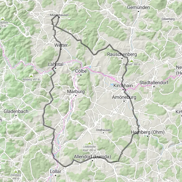 Map miniature of "Hoheberg - Totenberg - Roteberg Circuit" cycling inspiration in Gießen, Germany. Generated by Tarmacs.app cycling route planner