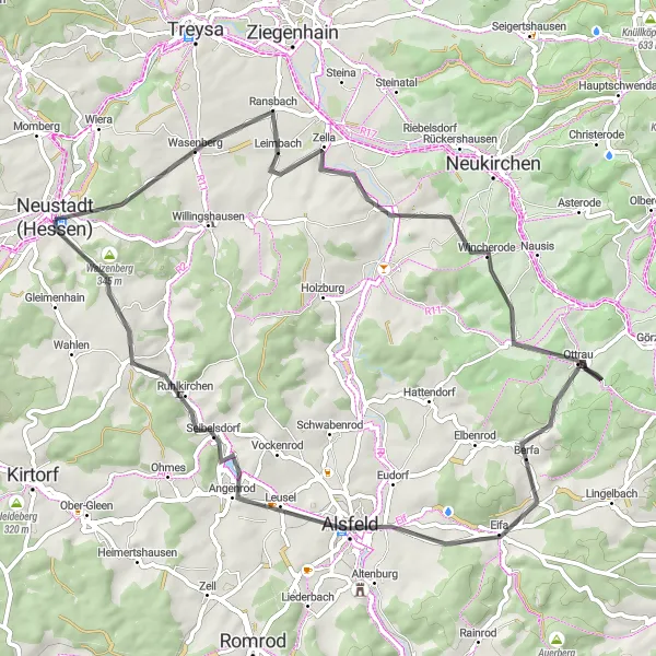 Karten-Miniaturansicht der Radinspiration "Radtour durch Ottrau und Alsfeld" in Gießen, Germany. Erstellt vom Tarmacs.app-Routenplaner für Radtouren