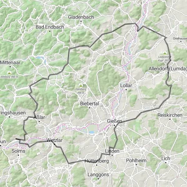 Map miniature of "Scenic Road Adventure" cycling inspiration in Gießen, Germany. Generated by Tarmacs.app cycling route planner