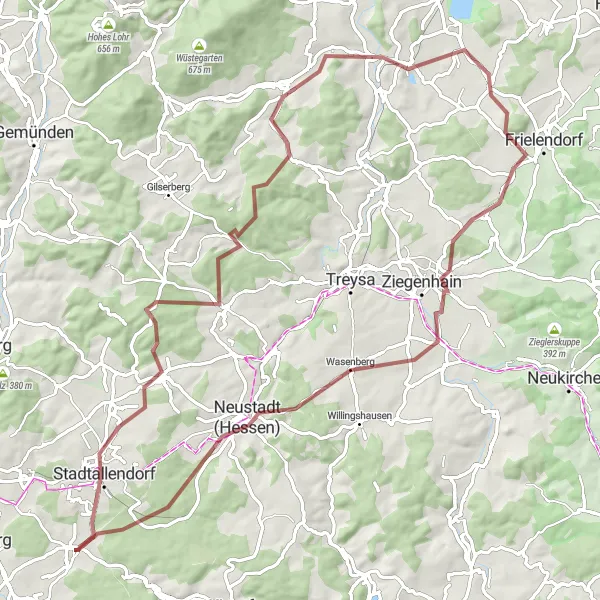 Map miniature of "The Gravel Adventure" cycling inspiration in Gießen, Germany. Generated by Tarmacs.app cycling route planner