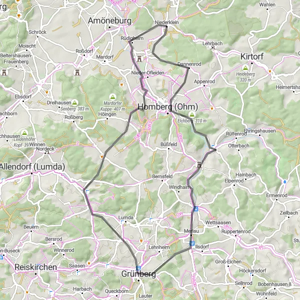 Map miniature of "Homberg (Ohm) Loop" cycling inspiration in Gießen, Germany. Generated by Tarmacs.app cycling route planner