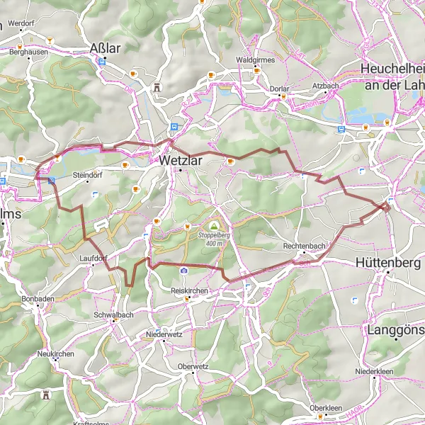 Map miniature of "Bismarckturm Wetzlar and Lützellinden Gravel Loop" cycling inspiration in Gießen, Germany. Generated by Tarmacs.app cycling route planner