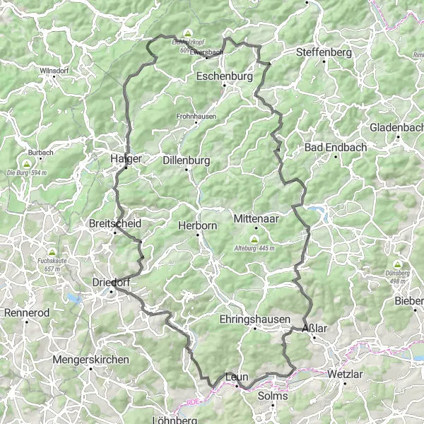 Map miniature of "Road to Heritage" cycling inspiration in Gießen, Germany. Generated by Tarmacs.app cycling route planner