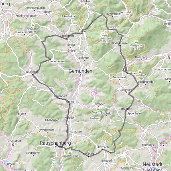 Map miniature of "Halsdorf Loop" cycling inspiration in Gießen, Germany. Generated by Tarmacs.app cycling route planner