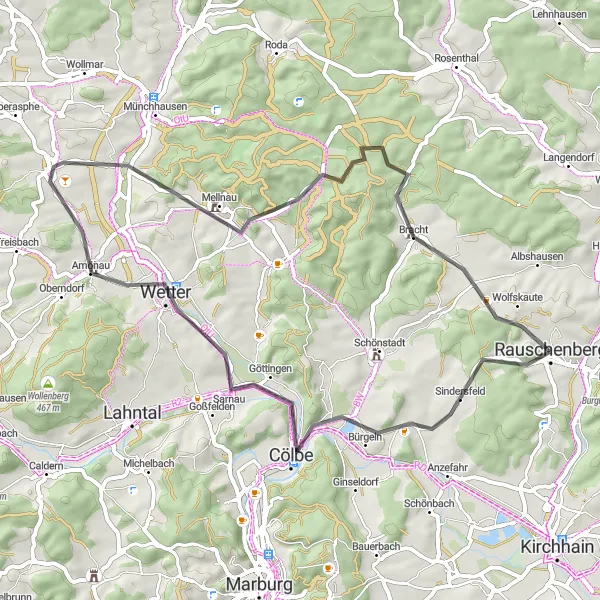 Map miniature of "Scenic Road Cycling Loop near Rauschenberg" cycling inspiration in Gießen, Germany. Generated by Tarmacs.app cycling route planner