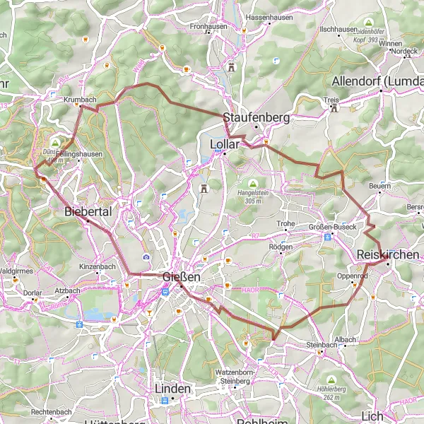 Map miniature of "The Gravel Wonders" cycling inspiration in Gießen, Germany. Generated by Tarmacs.app cycling route planner